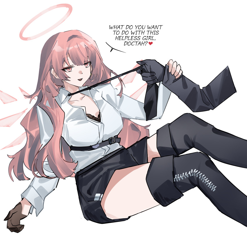 1girl, 1other, absurdres, arknights, belt, black_belt, black_bra, black_gloves