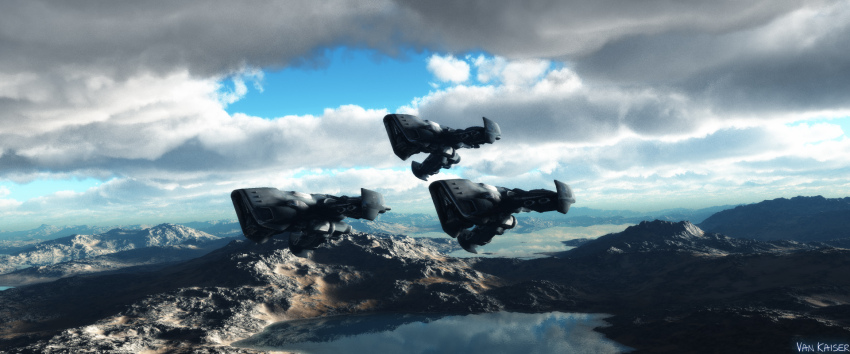 3d, aircraft, airplane, artist_name, blue_sky, cloud, cloudy_sky, commentary, cyclops_(eve_online), day, english_commentary, eve_online, fleet, flying, gallente_federation_(eve_online), heavy_fighter_(eve_online), highres, lake, landscape, military_vehicle, mountain, no_humans, outdoors, realistic, scenery, science_fiction, sky, spacecraft, starfighter, vankaiser, vehicle_focus, water