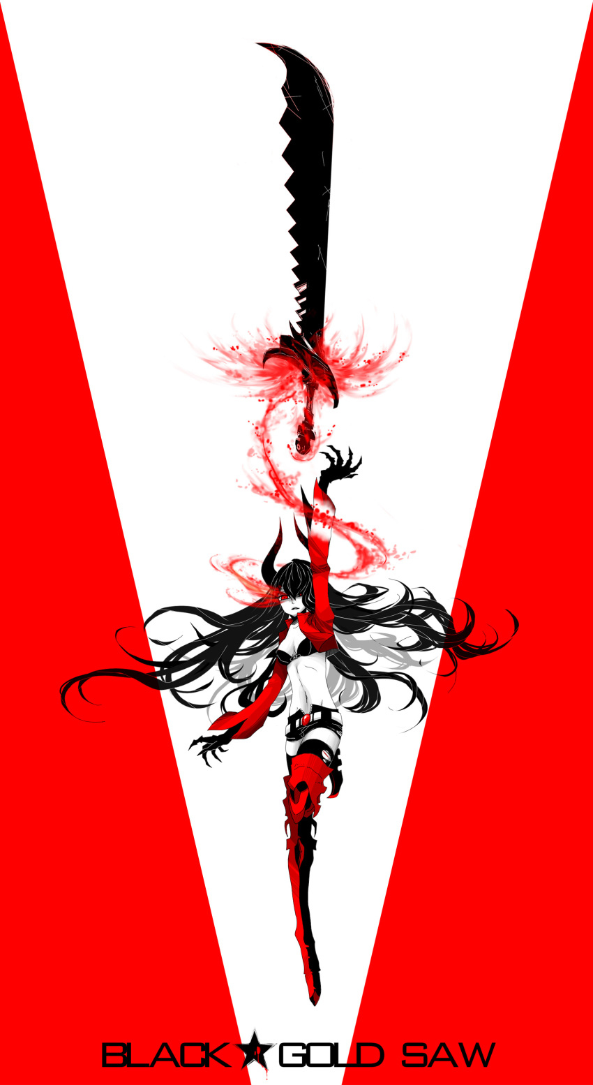 10s, 1girl, absurdres, armor, bikini, bikini_top_only, black_gold_saw, black_hair, black_rock_shooter, female_focus, greaves, highres, horns, king_saw, long_hair, midriff, navel, red_eyes, seti, seti_(xxxkoen), shorts, solo, swimsuit, sword, weapon