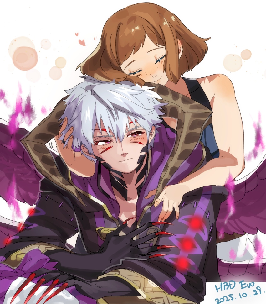 1boy, aura, black_cloak, blush, brown_hair, claws, cloak, closed_eyes