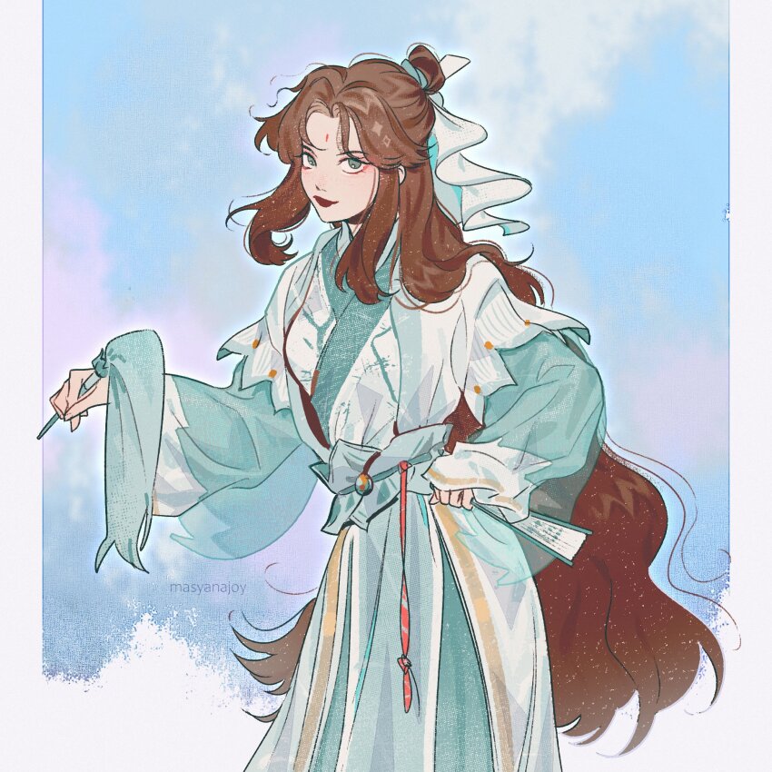 1girl, aqua_hanfu, bindi, blue_sky, brown_hair, chinese_clothes, cowboy_shot, day
