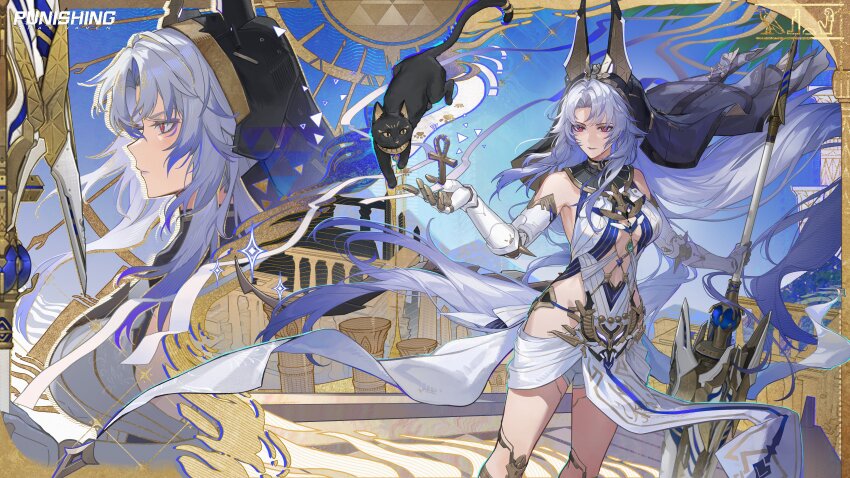 1girl, absurdly_long_hair, absurdres, ancient_egyptian_architecture, ancient_egyptian_clothes, ankh, arm_up, bare_shoulders