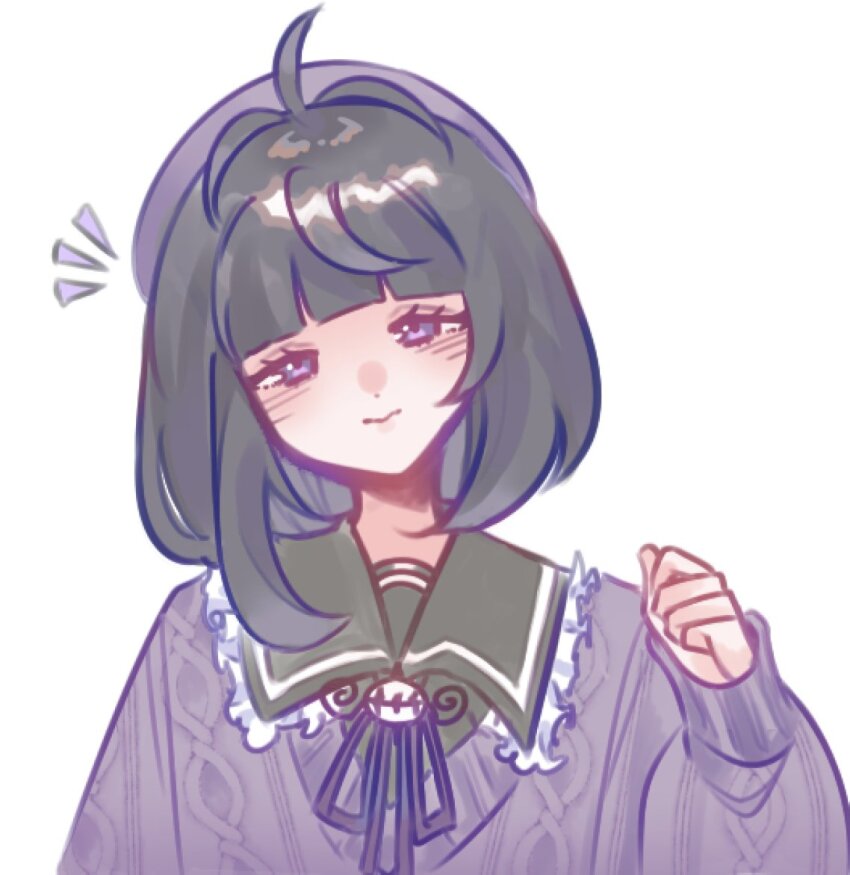 1girl, alternate_costume, black_hair, bob_cut, closed_mouth, commentary, dress, english_commentary, gwynn_(pokemon), long_sleeves, looking_at_viewer, mixed-language_commentary, mokou_(minmofu), nintendo, pokemon, pokemon_legends:_z-a, puffy_sleeves, purple_eyes, short_hair, sleeves_past_wrists, solo, upper_body, white_background