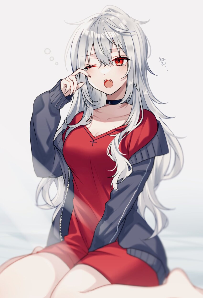 1girl, ;o, barefoot, black_choker, black_jacket, breasts, choker, cleavage