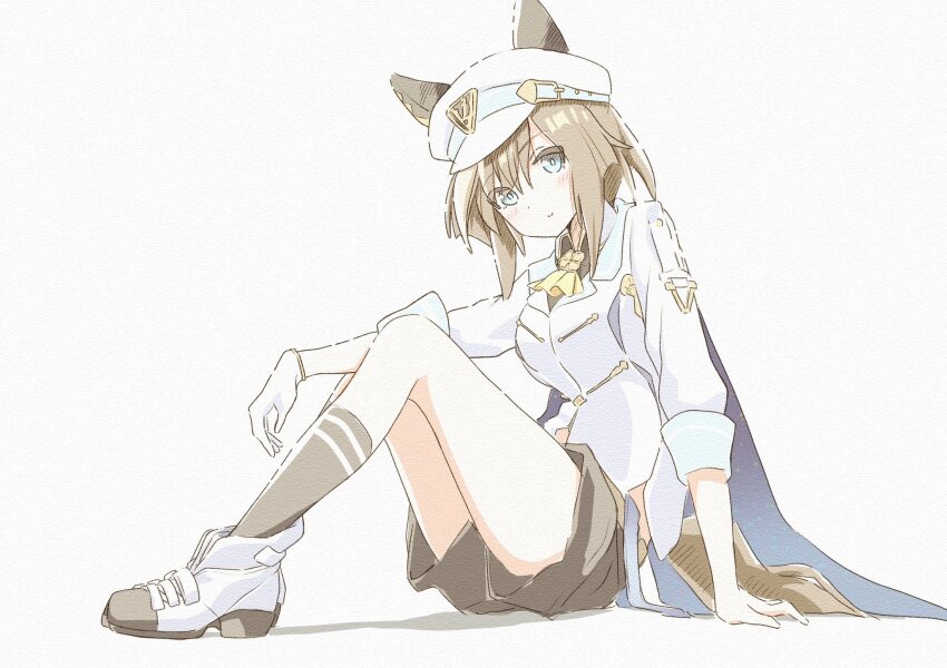 1girl, animal_ears, ascot, black_shorts, black_socks, blue_cape, blue_eyes, blush