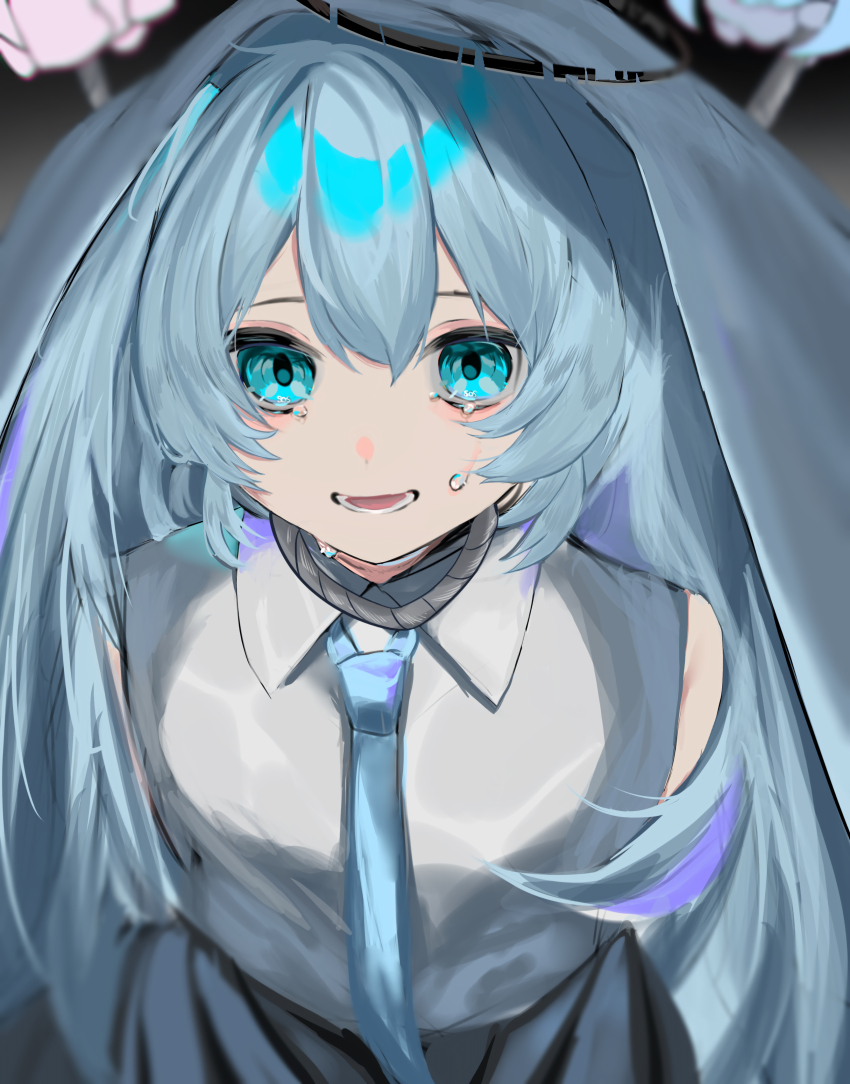 3girls, :d, absurdres, arms_behind_back, bare_shoulders, black_halo, blue_eyes, blue_hair