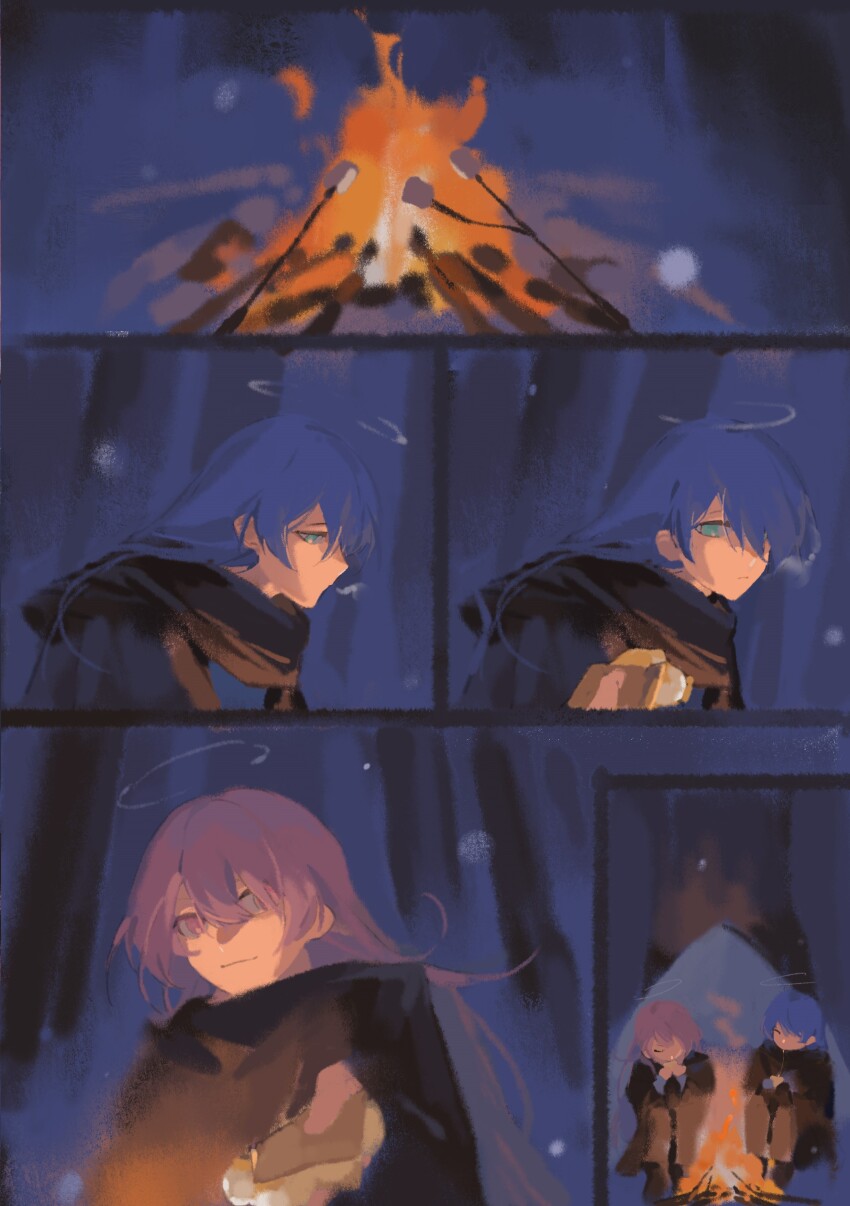 2girls, absurdres, arknights, black_scarf, blue_eyes, blue_hair, campfire, chinese_commentary