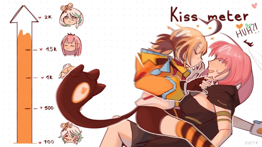 3girls, ahoge, anger_vein, black_dress, black_gloves, black_shorts, blush, breasts