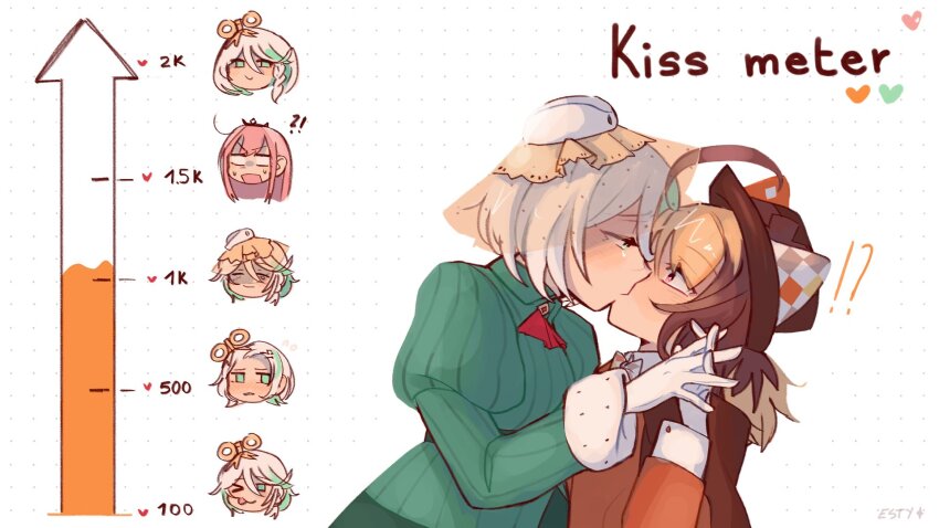 3girls, anger_vein, blush, brown_hair, brown_streaks, cecilia_immergreen, closed_mouth, commentary, dotted_background, dress, english_commentary, expressionless, gigi_murin, gloves, green_dress, green_eyes, green_streaks, heart, highres, hololive, hololive_english, interlocked_fingers, kiss, kiss_meter_(meme), long_hair, meme, mole, mole_under_eye, mori_calliope, multiple_girls, orange_dress, pink_eyes, pink_hair, short_hair, smile, sticker_sr, tears, victorian, virtual_youtuber, white_gloves, white_hair, winding_key, yuri