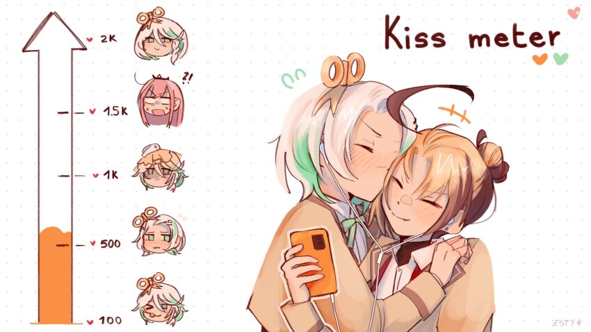 3girls, anger_vein, blush, brown_hair, brown_jacket, brown_streaks, cecilia_immergreen, cellphone