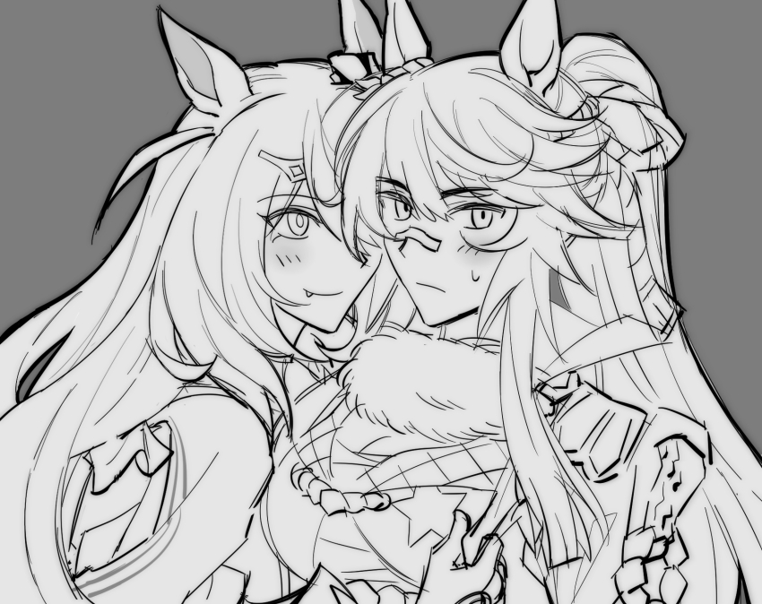 2girls, animal_ears, bandaid, bandaid_on_face, bandaid_on_nose, blunt_bangs, blush, breasts