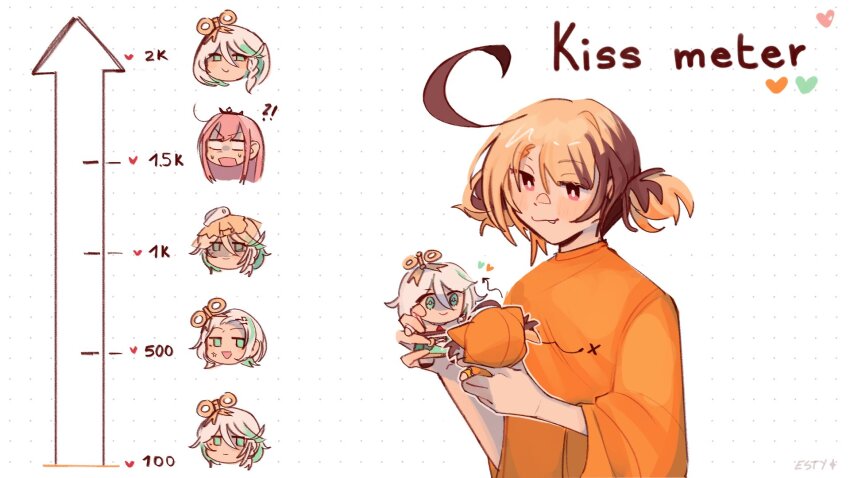 3girls, anger_vein, blush, brown_hair, brown_streaks, cecilia_immergreen, character_doll, closed_mouth