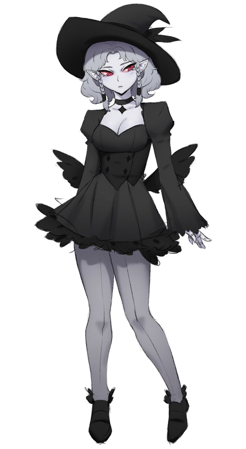 1girl, absurdres, agrat_bat_mahlat_(megami_tensei), black_collar, black_dress, black_shoes, black_wings, blush, braid, breasts, collar, colored_sclera, colored_skin, demon_(megami_tensei), doll_joints, dress, edmonmondo, frilled_dress, frills, grey_skin, hat, highres, joints, long_sleeves, magical_girl, pantyhose, pointy_ears, red_eyes, red_sclera, shin_megami_tensei, shin_megami_tensei_v, shin_megami_tensei_v:_vengeance, shoes, small_breasts, twin_braids, wings, witch_hat