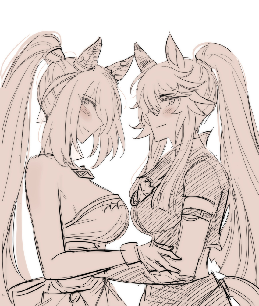 2girls, animal_ears, back_bow, bandaid, bandaid_on_face, bandaid_on_nose, bare_shoulders, blunt_ends