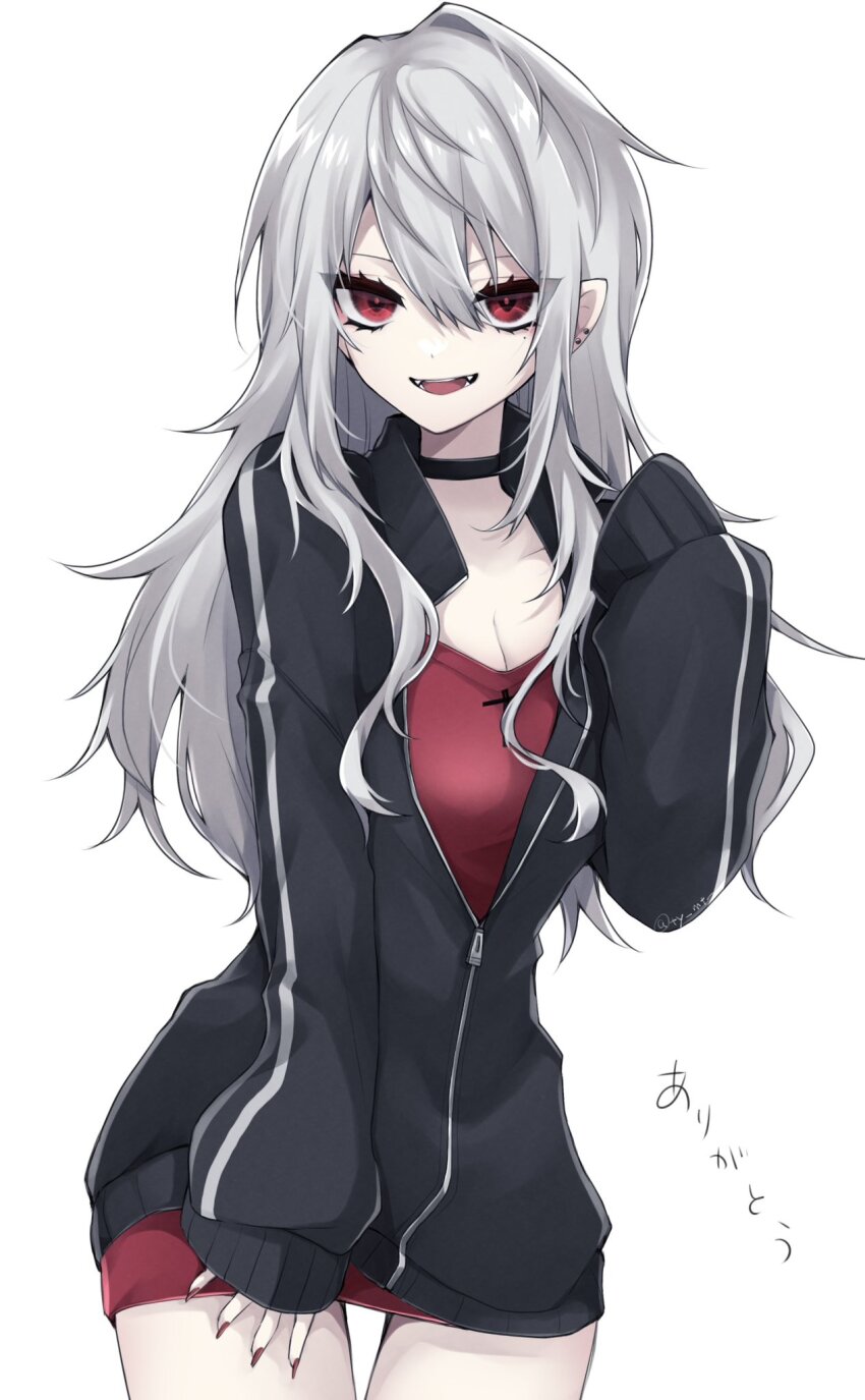 1girl, black_choker, black_jacket, breasts, choker, cleavage, collarbone, cowboy_shot