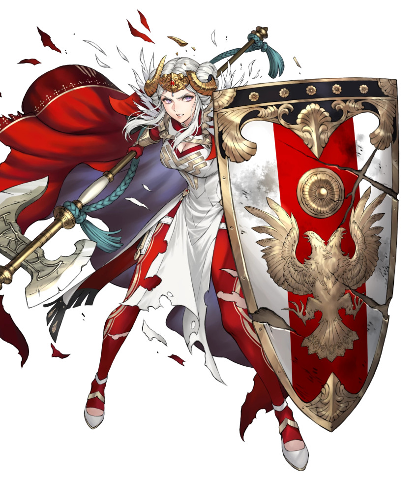 1girl, axe, battle_axe, blue_eyes, bodysuit, cape, clenched_teeth, crown