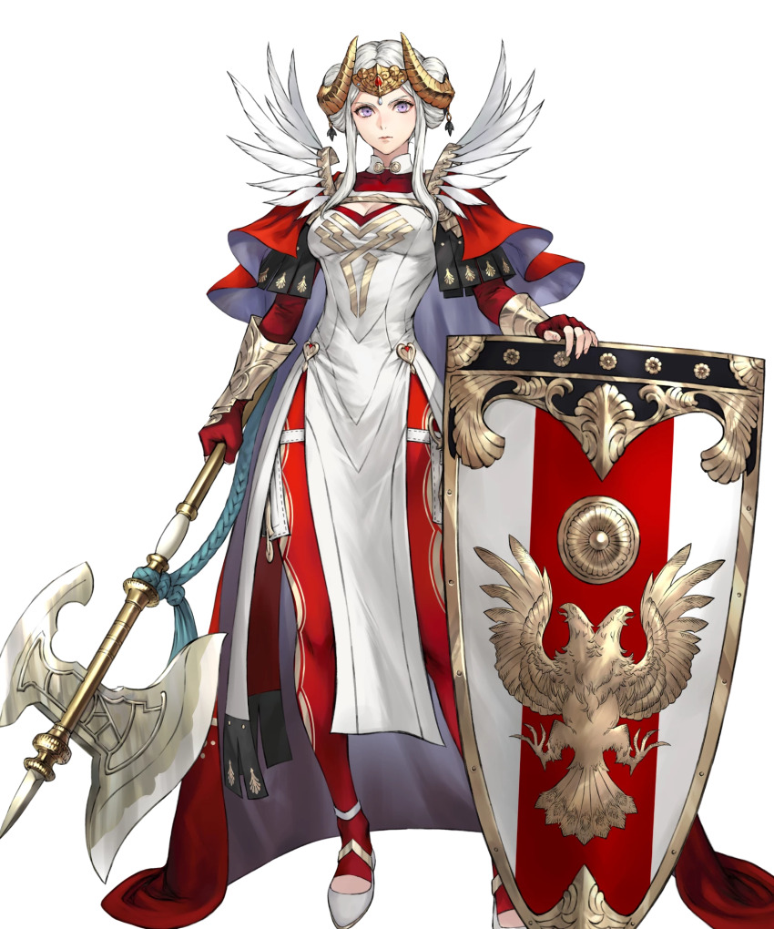 1girl, axe, battle_axe, blue_eyes, bodysuit, cape, crown, dress, edelgard_von_hresvelg, edelgard_von_hresvelg_(adrestian_emperor), edelgard_von_hresvelg_(adrestian_emperor)_(resplendent), edelgard_von_hresvelg_(timeskip), fake_horns, feather_trim, fingerless_gloves, fire_emblem, fire_emblem:_three_houses, fire_emblem_heroes, gloves, hair_rings, highres, holding, holding_axe, holding_shield, horns, insignia, looking_at_viewer, nintendo, non-web_source, official_alternate_costume, official_art, red_bodysuit, red_cape, red_gloves, shield, solo, tachi-e, two-sided_cape, two-sided_fabric, weapon, white_cape, white_dress, white_hair