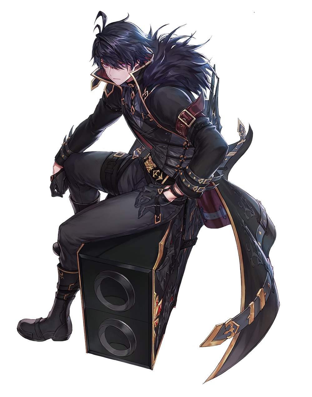 1boy, arm_belt, artist_request, black_boots, black_coat, black_fur, black_gloves, black_hair