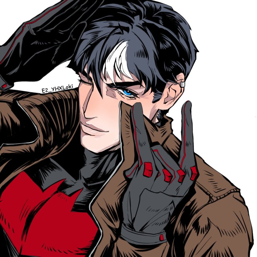 1boy, batman_(series), batman_symbol, black_bodysuit, black_gloves, black_hair, blue_eyes, bodysuit