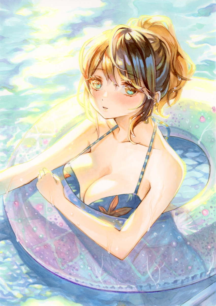 1girl, absurdres, aqua_eyes, bikini, blue_bikini, blush, breasts, brown_hair