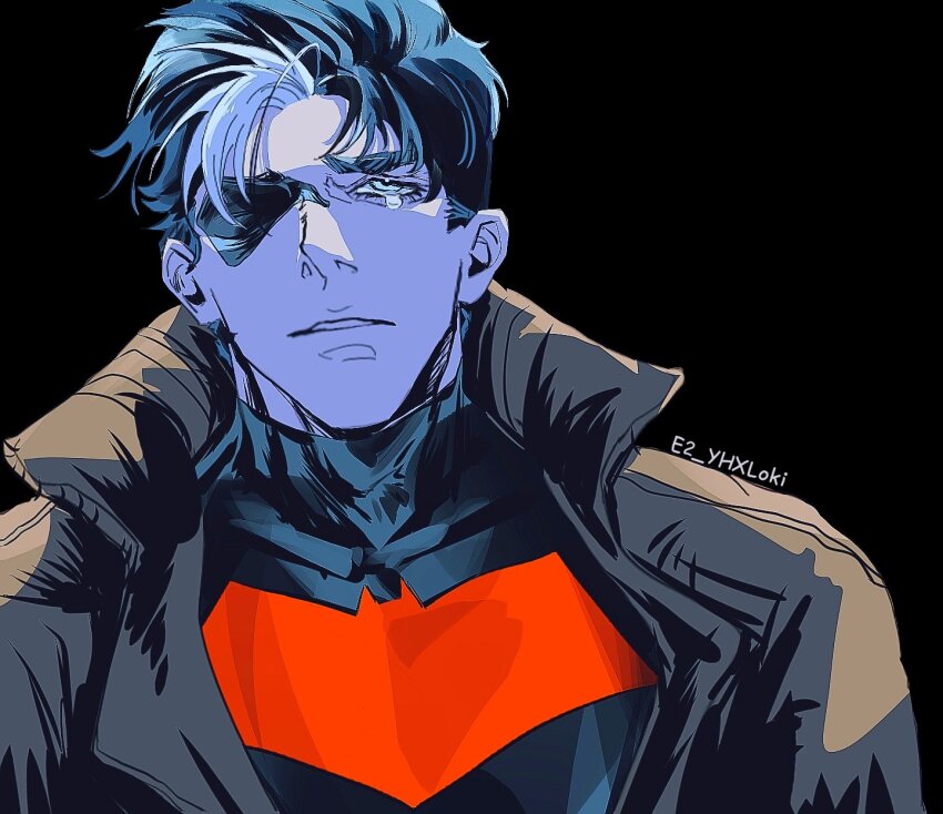 1boy, batman_(series), batman_symbol, black_bodysuit, black_hair, blue_eyes, bodysuit, brown_jacket, dc_comics, e2_yhxloki, grey_bodysuit, highres, jacket, jason_todd, male_focus, multicolored_bodysuit, muscular, muscular_male, open_clothes, red_hood_(dc), red_hood_and_the_outlaws, short_hair, superhero_costume, taut_bodysuit, two-tone_bodysuit