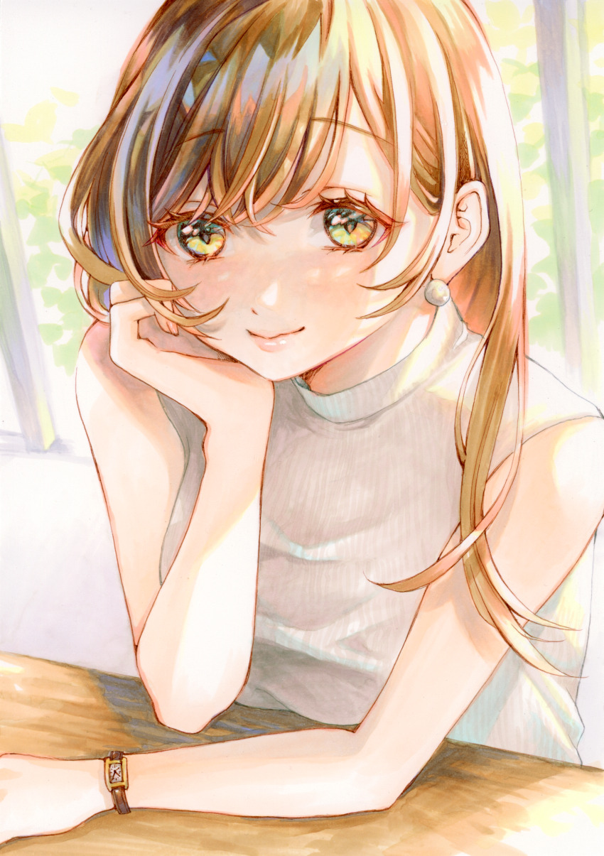 1girl, absurdres, arms_on_table, brown_hair, commentary_request, crossed_bangs, dai_dai_da, earrings