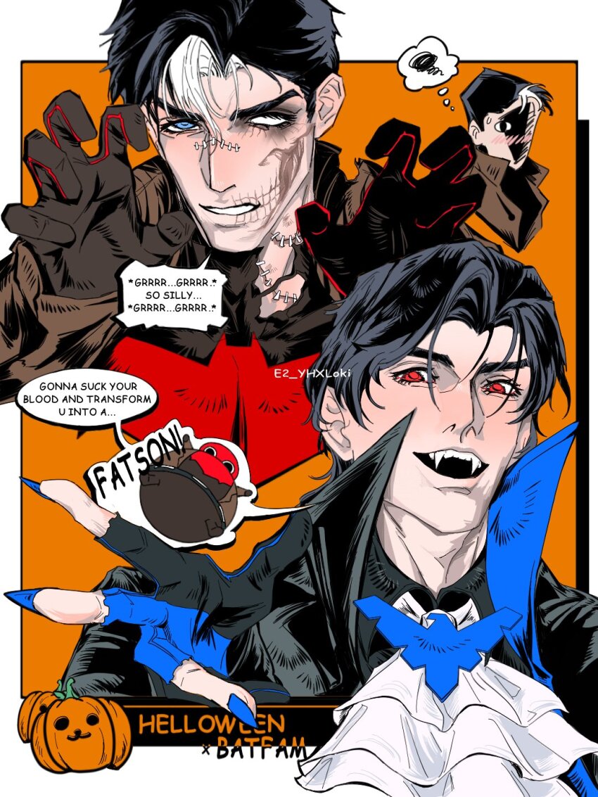 2boys, batman_(series), batman_symbol, black_bodysuit, bodysuit, brown_jacket, dc_comics, dick_grayson