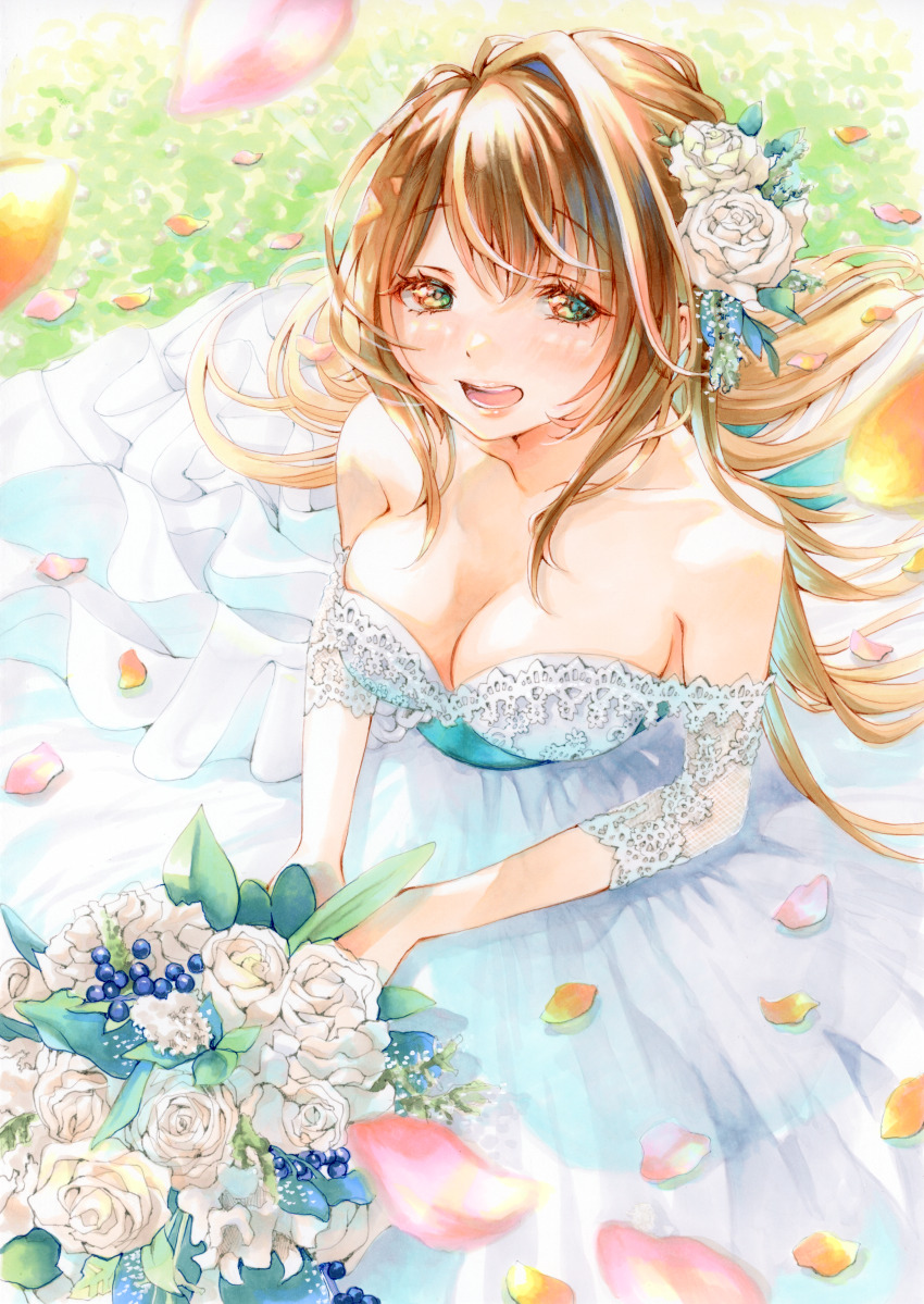 1girl, absurdres, bouquet, breasts, bride, brown_hair, cleavage, collarbone