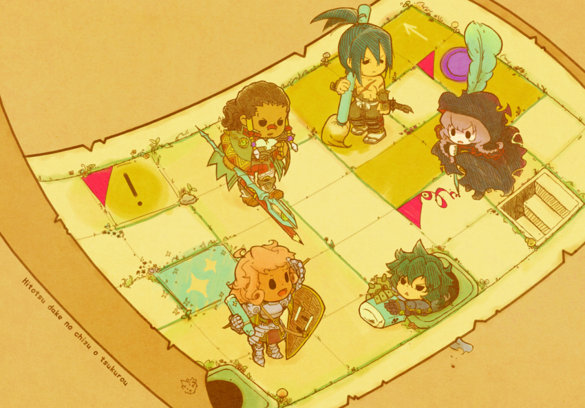 2girls, 3boys, armor, black_robe, braid, brown_background, brown_hair, bushidou_(sekaiju)