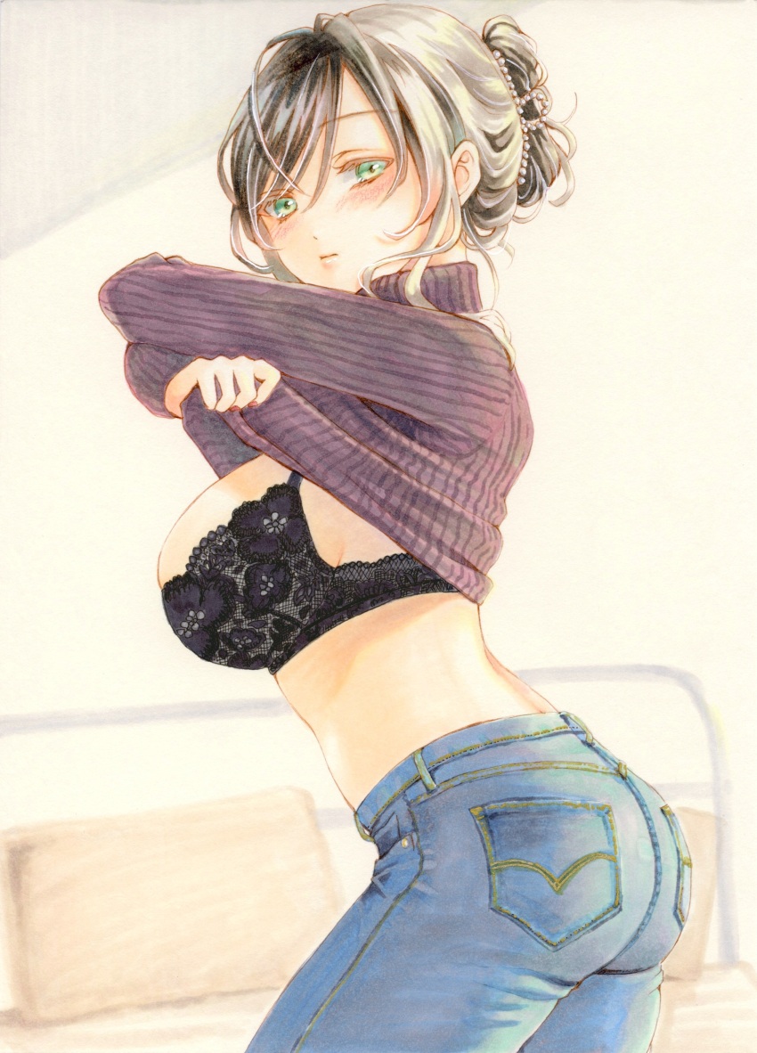 1girl, absurdres, ass, black_bra, black_hair, blue_pants, blush, bra, breasts, closed_mouth, clothes_lift, commentary_request, cowboy_shot, dai_dai_da, denim, from_side, green_eyes, grey_sweater, hair_bun, highres, indoors, jeans, large_breasts, lifting_own_clothes, lingerie, long_sleeves, looking_at_viewer, looking_to_the_side, marker_(medium), original, pants, ribbed_sweater, sidelocks, single_hair_bun, solo, standing, sweater, sweater_lift, traditional_media, turtleneck, turtleneck_sweater, underwear, undressing