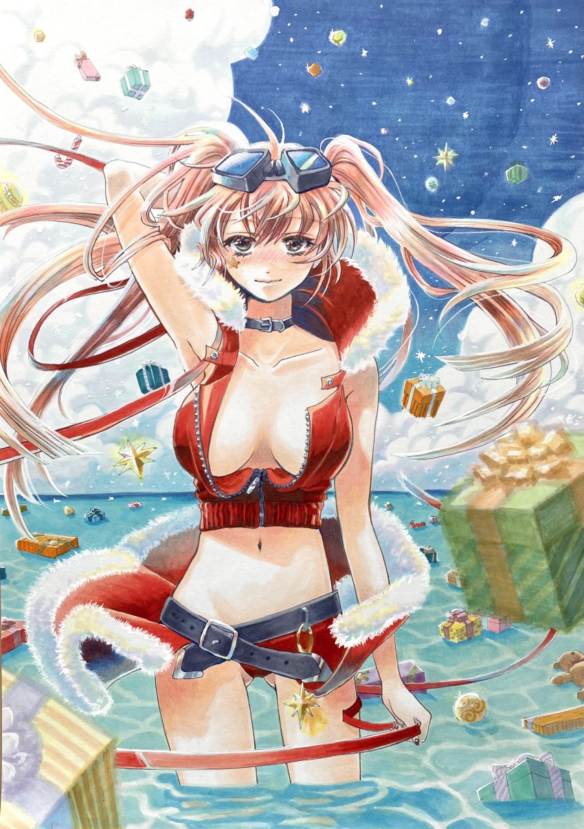 1girl, absurdres, arm_at_side, arm_up, black_collar, black_nails, blush, breasts