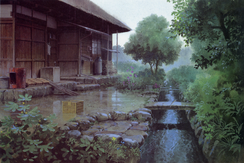 bridge, building, crate, flower, highres, house, nature, no_humans, official_art, omohide_poro_poro, plant, rain, river, scan, scenery, studio_ghibli, traditional_media, tree, water, wet, wood