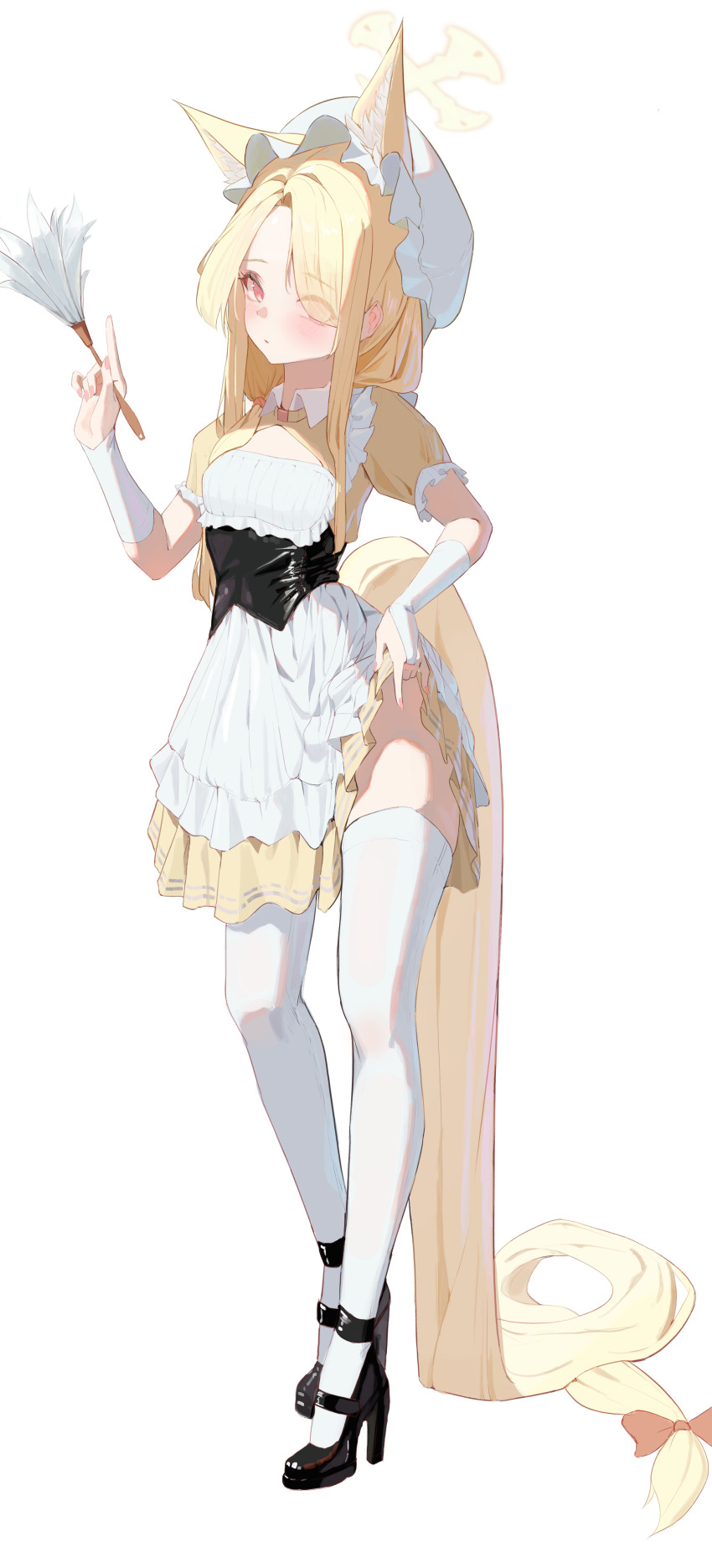 1girl, absurdly_long_hair, absurdly_long_tail, absurdres, alternate_costume, animal_ears, apron, banpen