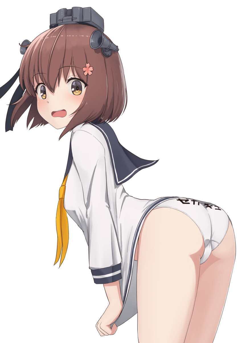 1girl, ass, blue_sailor_collar, borrowed_character, brown_eyes, brown_hair, clothes_writing, commentary_request, cosplay, dress, embarrassed, good_ass_day, highres, kantai_collection, leaning_forward, neckerchief, open_mouth, panties, round_teeth, sailor_collar, sailor_dress, self_cosplay, short_dress, short_hair, simple_background, solo, teeth, underwear, upper_teeth_only, wavy_mouth, white_background, white_dress, white_panties, yellow_neckerchief, yuki_4040, yukikaze_(kancolle), yukikaze_(kancolle)_(cosplay), yukikaze_kai_ni_(kancolle)