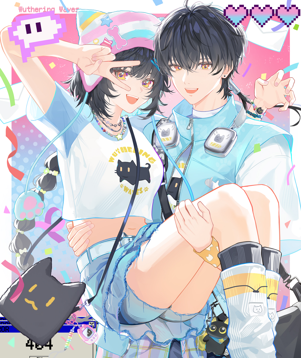 1boy, 1girl, :d, arm_up, bag, bag_charm, beanie, belt