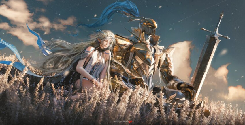 1girl, armor, artist_name, bare_shoulders, black_dress, blonde_hair, breasts, capitaneus_(wuthering_waves)