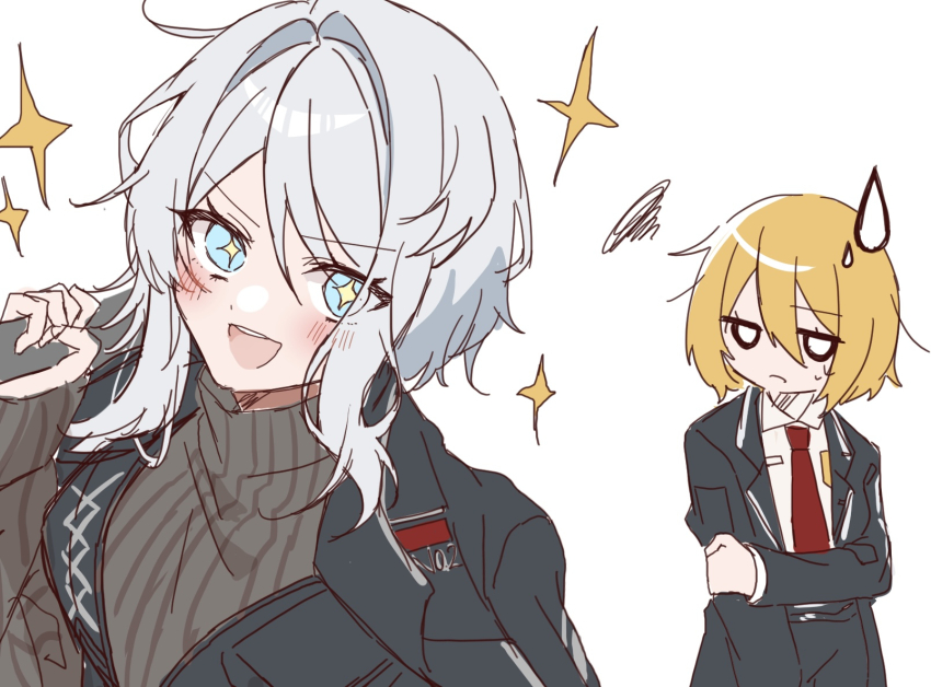 2girls, black_coat, black_vest, blonde_hair, blue_eyes, blush, body_switch, brown_sweater