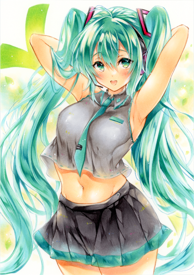 1girl, aqua_eyes, aqua_necktie, armpits, arms_up, black_skirt, blush, breasts