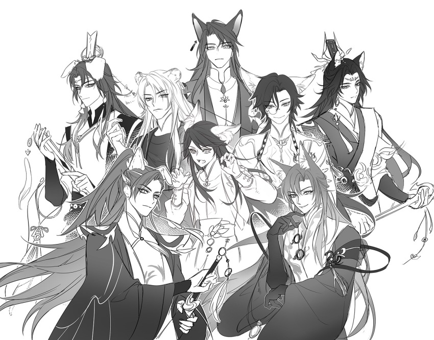 6+boys, animal_ear_fluff, animal_ears, cat_boy, cat_ears, changpao, chinese_clothes, chinese_commentary