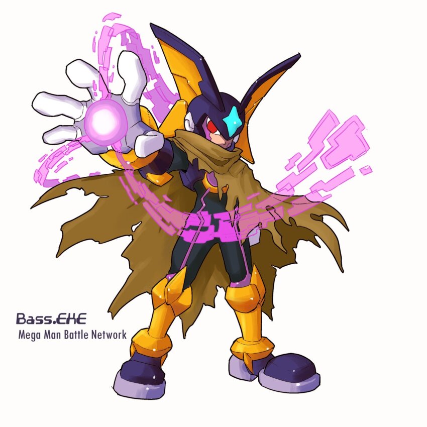 1boy, android, aura, bass.exe_(mega_man), black_bodysuit, black_helmet, bodysuit, brown_cloak