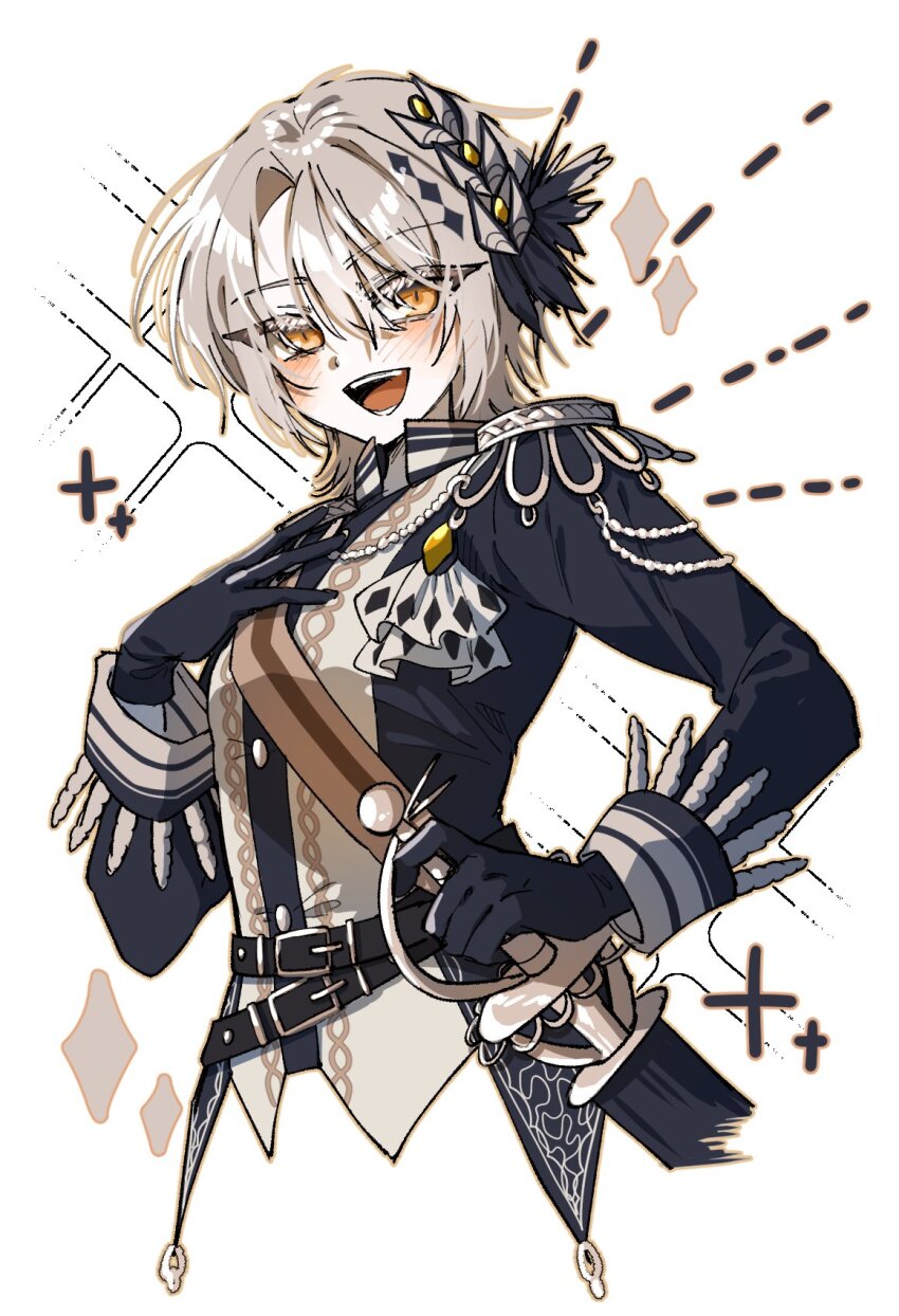 1girl, :d, black_gloves, black_jacket, blonde_hair, epaulettes, gloves, hand_on_own_chest