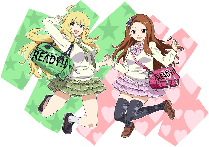 2girls, ahoge, argyle_clothes, argyle_legwear, bag, black_legwear, blonde_hair, bow