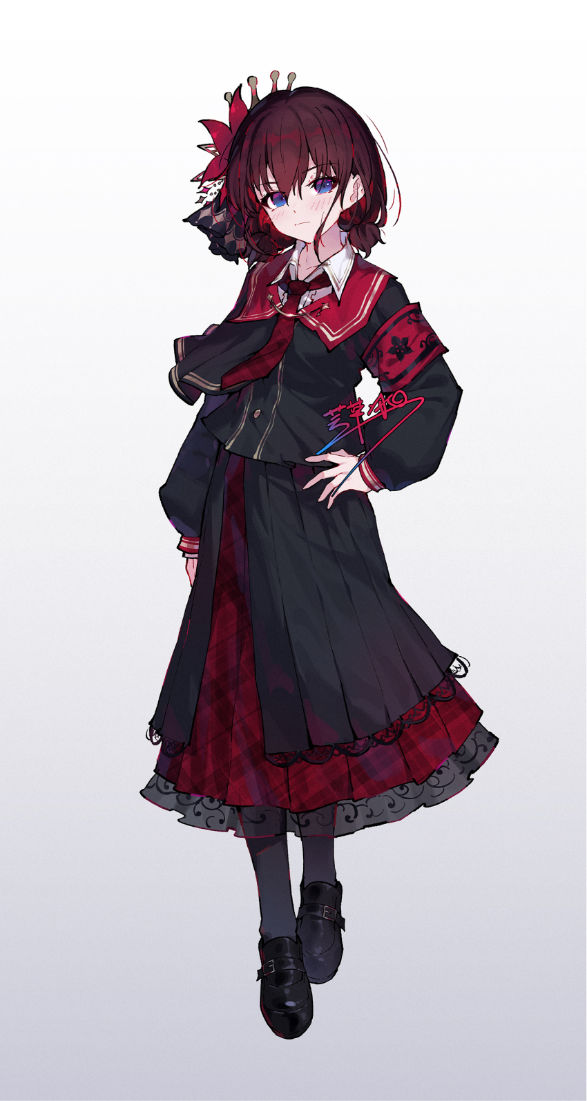 1girl, absurdres, armband, black_pantyhose, black_shirt, black_shoes, black_skirt, blue_eyes, blush, brown_hair, chinese_commentary, closed_mouth, commentary_request, cosplay, flower, full_body, girls_band_cry, hair_between_eyes, hair_flower, hair_ornament, hand_on_own_hip, highres, indoors, iseri_nina, layered_skirt, long_hair, low_twintails, mahou_shoujo_no_majo_saiban, necktie, nikaido_hiro, nikaido_hiro_(cosplay), pantyhose, pleated_skirt, red_necktie, red_skirt, shirt, shoes, short_hair, short_twintails, simple_background, skirt, solo, twintails, white_background, yun_cao_bing