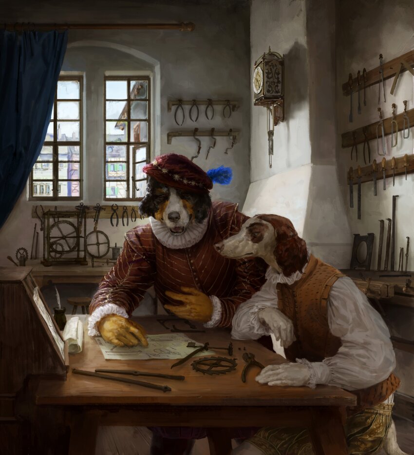 2boys, absurdres, chisel, clamp_(tool), clock, curtains, dog_boy, file_(tool)