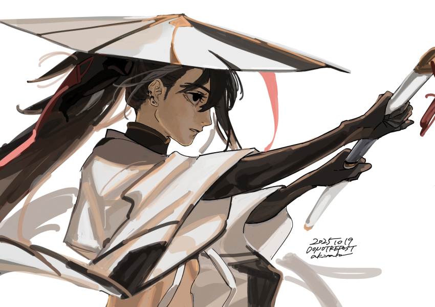 1girl, akiraka_(n_l_m_g), black_eyes, black_gloves, brown_hair, drawing_sword, earrings, fate/grand_order