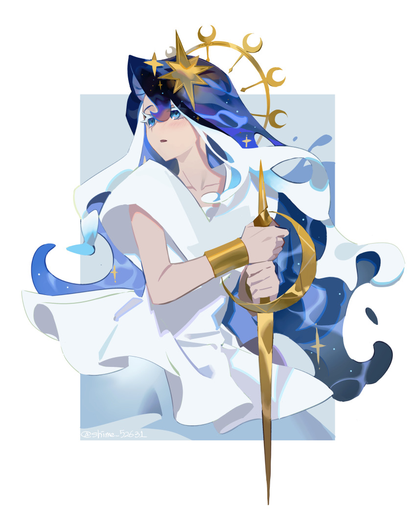 1girl, absurdres, bare_arms, blue_eyes, blue_hair, border, bracelet, collarbone