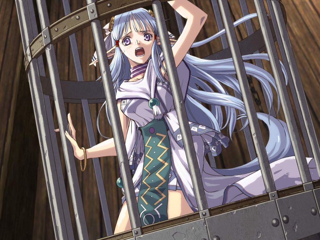 1girl, :o, blue_hair, bracelet, cage, choker, elf, falcom, female_focus, jewelry, kneeling, long_hair, miniskirt, official_art, official_wallpaper, olha_(ys), open_mouth, pointy_ears, print_skirt, purple_eyes, scared, skirt, solo, taue_shunsuke, white_skirt, ys, ys_vi:_the_ark_of_napishtim