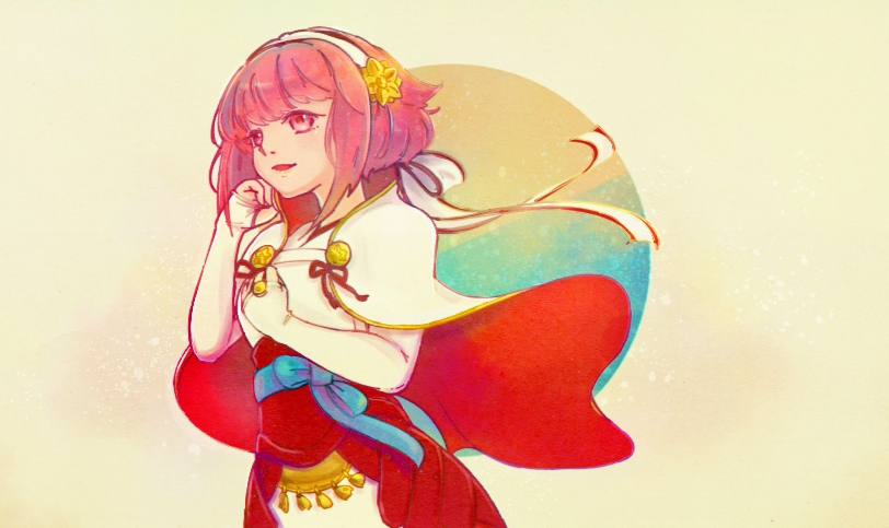 1girl, blue_ribbon, bridal_gauntlets, cape, clenched_hand, commentary_request, fire_emblem, fire_emblem_fates