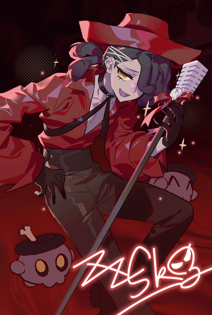 1boy, :d, black_background, black_choker, black_gloves, black_hair, black_pants, bow