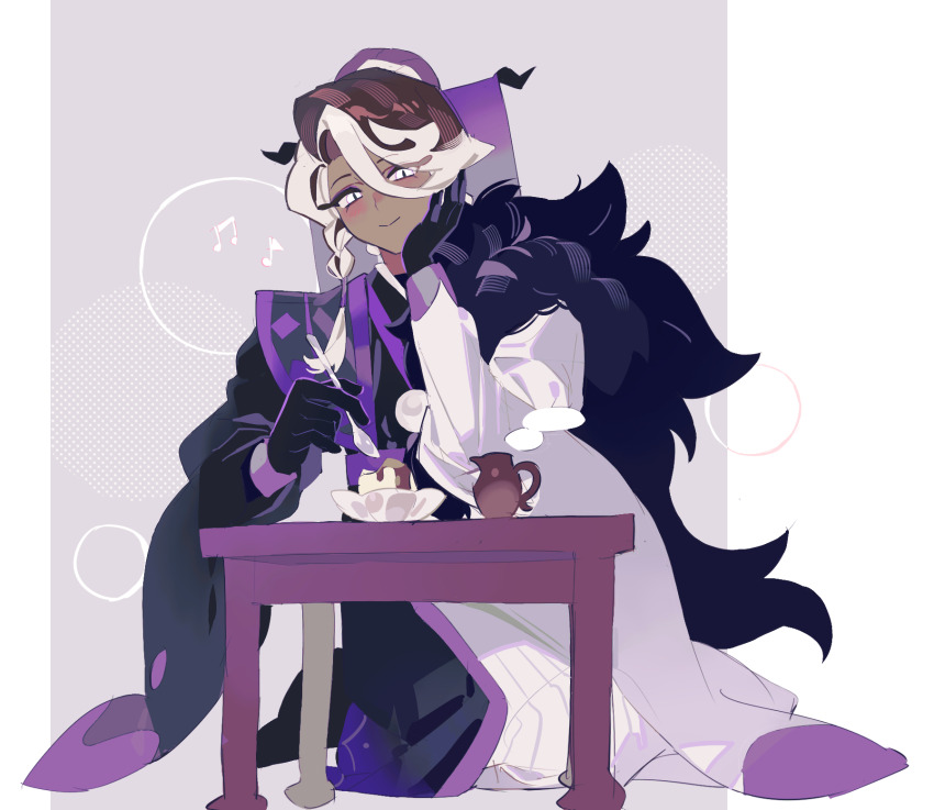 1boy, affogato_cookie, androgynous, black_gloves, black_kimono, black_shoes, border, bowl, braid, brown_hair, closed_mouth, cookie_run, cookie_run:_kingdom, cup, dark-skinned_male, dark_skin, eating, eyes_visible_through_hair, eyeshadow, food, full_body, gloves, grey_background, hair_between_eyes, hair_tie, halftone, halftone_background, hand_on_own_cheek, hand_on_own_face, hand_up, highres, holding, holding_spoon, humanization, japanese_clothes, kimono, long_sleeves, makeup, male_focus, multicolored_hair, musical_note, outside_border, pudding, purple_eyeshadow, seiza, shime52631, shoes, short_hair, side_braid, simple_background, single_braid, sitting, slit_pupils, smile, solo, spoon, streaked_hair, table, trap, two-tone_hair, white_border, white_eyes, white_hair